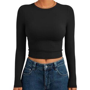 Trendy Queen Womens Long Sleeve Crop Tops Basic Slim Fitted Shirts Spring